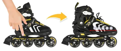 A hand is shown adjusting an inline skate, with an arrow indicating a change to a larger size.