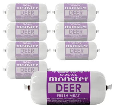 Produktbild von Monster Dog Sausage Deer 8x80g Alleinfuttermittel Nassfutter für Hunde Hirschwurst