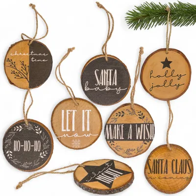 8er-Set Holz-Weihnachtsscheiben mit Aufschrift, Ø 8 cm