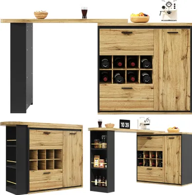 Produktbild von Flieks Esstisch Bartisch Drehbar, Küchentisch mit Schubladen und Weinregal, Sideboard mit offenen Regalen, 138-220x39x105 cm, Schwarz