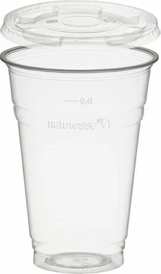 Produktbild von 50x Trinkbecher 400ml + Deckel flach ohne Loch aus Biokunststoff (PLA)