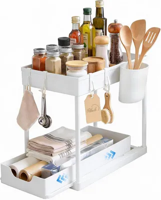 Obrázok produktu pre Organizér do skrinky 2 poschodia, 37,5 x 20,5 x 33 cm, biely, výsuvný, do kuchyne
