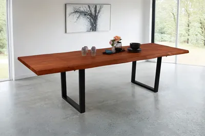 Produktbild von Esstisch mit Ansteckplatten 200(300)x100 cm Baumkante Akazie nussbaum U-Gestell schwarz CALI