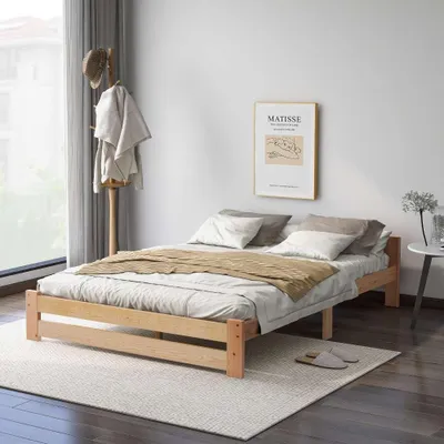 Produktbild von Massivholzbett mit Kopfteil und Lattenrost, Futon-Stil, aus Naturholz gefertigt, stabil und langlebig, 140x200cm, Natur