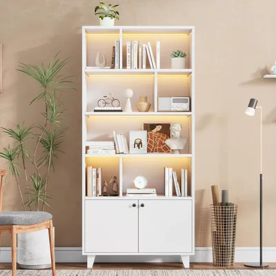 Productafbeelding van MODFU Hoge boekenkast en opbergkast met meerdere planken en dubbele deuren, met LED-verlichting in verschillende kleuren, wit