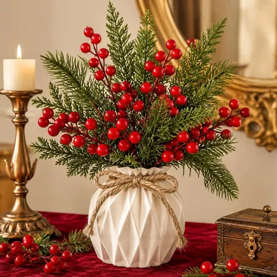 50 Kunst-Tannenzweige & Beerenzweige, 20 cm, Weihnachtsdeko