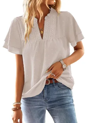Immagine prodotto di TUUHAW - Blusa da donna, stile boho, ideale per l'estate, top con maniche corte, elegante, color grigio-beige