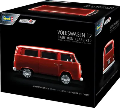The image shows the box of a Revell model kit for a red Volkswagen T2 van.