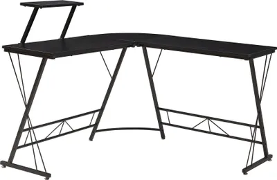 A black L-shaped desk with a raised shelf.