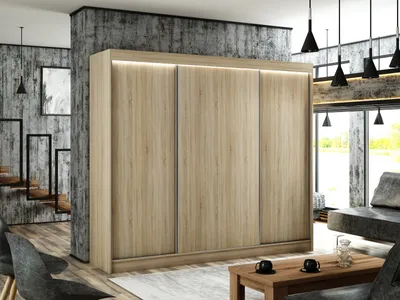 Produktbild von Kleiderschrank Saturn 250 cm inklusive 3 Schiebetüren Kleiderstange Garderobe Schrank Lieferung bis in die Wohnung (Farbe: Eiche sonoma)
