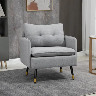 Image de Fauteuil individuel avec capitonnage boutonné et pieds en acier, aspect lin, dimensions 72x70x80 cm, couleur gris