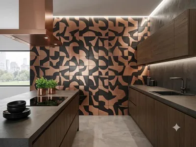 Produktbild von CopperAndCraft Metallfliesen Wanddekoration Puzzle 18er Set Kupfer Handgefertigte Wandkunst Geometrisches Wandbild Modernes Design
