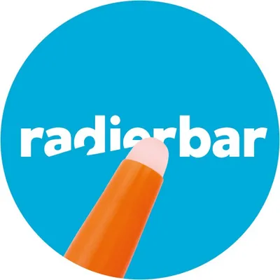 A close-up of an orange marker with a pink tip, positioned over a blue circle with white text.