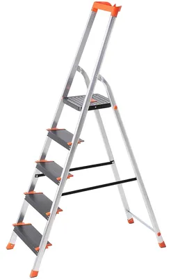 Produktbild von Aluminiumtreppe, klappbar, 5 Stufen, rutschfest, Werkzeugablage, schwarz/orange