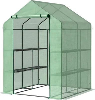 Produktbild von Foliengewächshaus Begehbares Treibhaus Mit 8 Regalebenen, Ideal Für Tomaten, Stahl & Pe-Kunststoff, Grün, Mit Tür