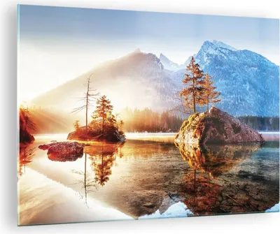 Produktbild von Bilder auf glas - Einteilig - Morgendämmerung Berge See - 70x50cm - Glasbilder - Wandbilder - Bilder - zum Aufhängen bereit - Wanddekoration aus Glas - Glas Bilder - Wandbild auf Glas - GAA70x50-4617