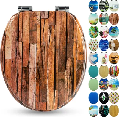 A toilet seat with a wood-grain pattern is shown, with a collage of other toilet seat designs to the right.