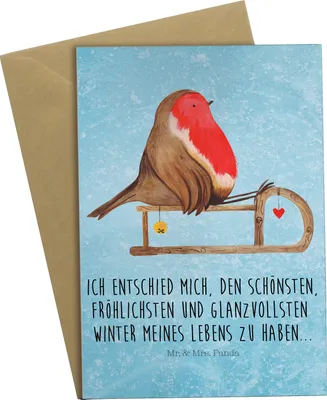 Produktbild von Mr. & Mrs. Panda Grußkarte Rotkehlchen Schlitten - Eisblau - Geschenk, weihnachtskarten, Weihnachten, osterkarte, hochzeitskarten, Vogel, Grußkarten, osterkarten