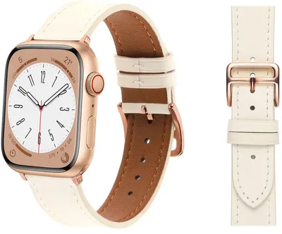 Produktbild von Stravo Slim Lederarmband Damen, dünn mit roségoldener Schließe, kompatibel mit Apple Watch 38–42 mm und SE/Serie 1–11, Weiß