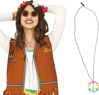 Productafbeelding van Hippie carnaval ketting, vredesteken, retro, bloemenkrans, modeaccessoire, festival sieraden, kleur: meerkleurig