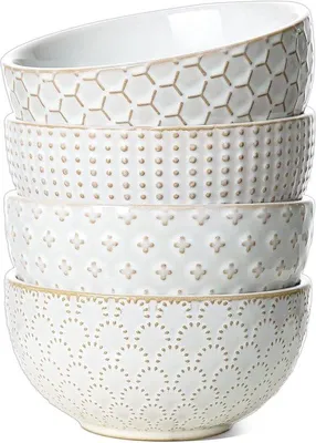 Productafbeelding van Set van 4 kommen, 770 ml, 15 cm, extra grote keramische kommen in vintage design, in een ijswit kleurenschema