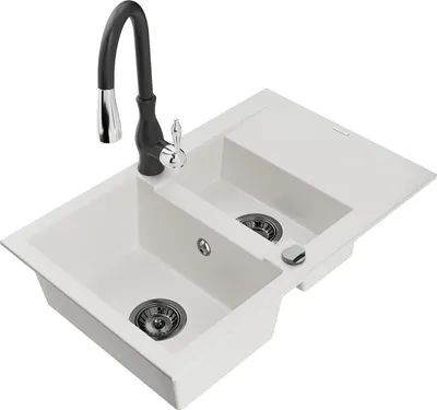 Produktbild von Mexen Gaspar 1,5-Becken-Granitspüle mit Abtropffläche und Mischbatterie Savita, Weiß - 6507-20-672601-70