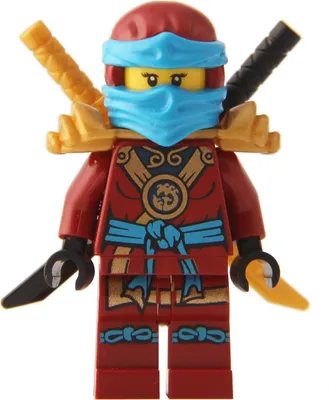 A LEGO Ninjago Nya minifigure with two katanas.