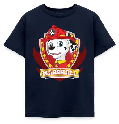 Produktbild von Spreadshirt Paw Patrol Marshall Feuerwehrhund Feuerwehr Emblem Kinder T-Shirt, 110/116 (5-6 Jahre), Navy
