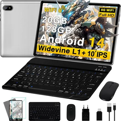 Produktbild von Tablet Android 14 10 Zoll PC 5G WiFi 6 Octa-Core | 20GB RAM + 128GB ROM (TF 1TB) FHD Doppelkamera 6000mAh Bluetooth 5.0, Widevine L1, UJJ Tastatur