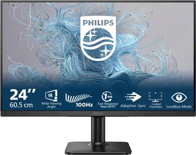 A Philips monitor displayed from the front, with marketing text and icons at the bottom.