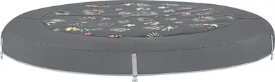A round, gray cover with a tropical floral pattern on top, likely for a hot tub or inflatable pool.