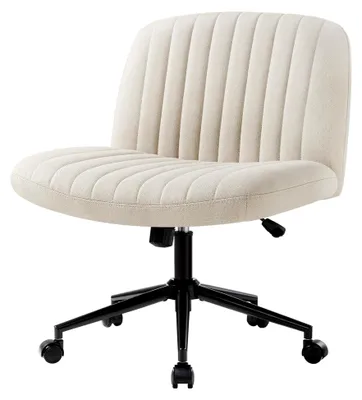 Produktbild von Bürostuhl ohne Armlehnen, höhenverstellbarer Drehstuhl mit Rollen, Schreibtischstuhl mit Stoffpolsterung, Lesesessel mit breiterem Kissen für das Sitzen im Schneidersitz (Beige mit Rollen)