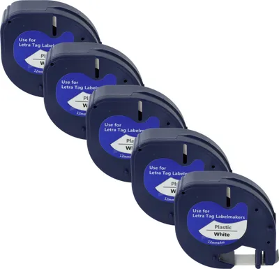 Produktbild von vhbw 5x Schriftband-Kassette Plastik kompatibel mit Dymo LetraTag Plus LT-100T, 2000, LT-100H Etiketten-Drucker 4m x 12mm Schwarz auf Weiß, Kunststoff