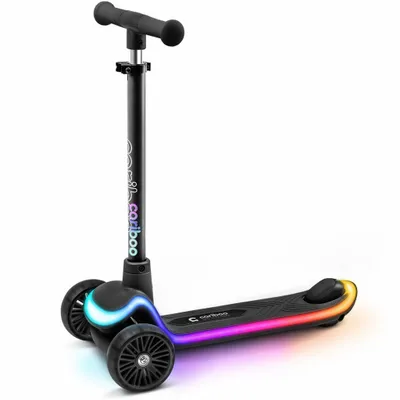 A black three-wheeled scooter with colorful LED lights.