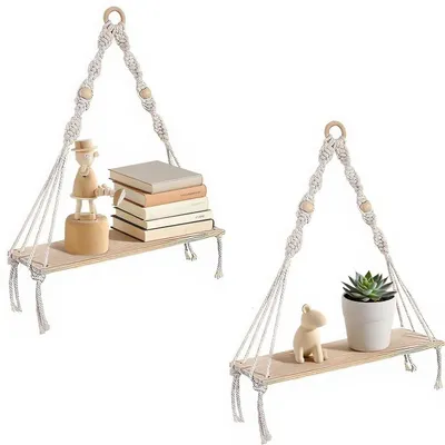 Produktbild von Makramee-Wandregale, Holzregale, Makramee-Wanddekoration, handgewebte Wandregale, Boho-Hängeregale aus Baumwollseil mit Quasten, schwebende Pflanzenregale, für Wohnzimmer, Schlafzimmer