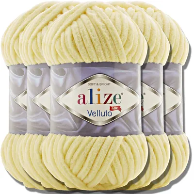 Produktbild von Alize 5x 100g Velluto dicke Wolle, Uni, Chenille, Häkeln, Stricken (Light Yellow | 13)