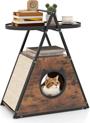 Immagine prodotto di Armadio per gatti - Casetta per gatti e comodino/tavolino - Tana per gatti - 2 tappetini graffiante - 2 ripiani - Legno - Nero