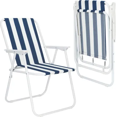 Produktbild von Springos Gartenstuhl, klappbar, Hochlehner, weiß/blau, pulverbeschichteter Stahl, Polyester, Gummi, max. 100 kg Tragkraft, Sitzhöhe 36 cm, Rohrdurchmesser 18 mm, rutschfeste Füße, Armlehnen
