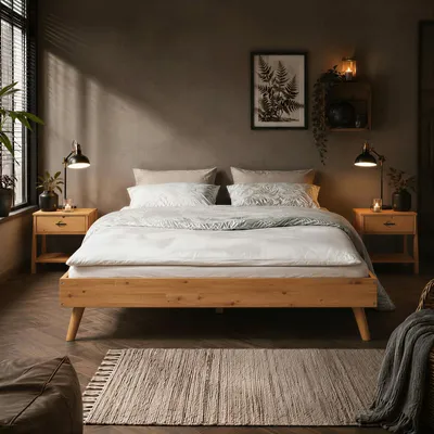 Produktbild von Futonbett Karri 140x200 aus Massivholz, Eiche farben - Robustes Doppelbett mit konischen Beinen, Bett mit stabile Konstruktion - Mittelsteg mit Stützfüßen