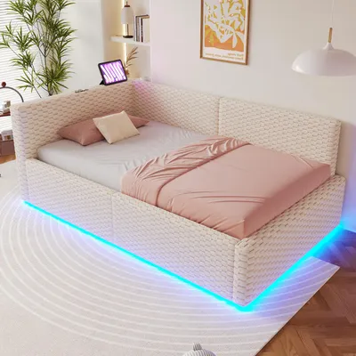 Immagine prodotto di okwish Divano letto 90x200, letto imbottito con porte USB e letto singolo Tape-C con LED e vano portaoggetti, struttura letto per bambini con morbido schienale a L, beige (senza materasso)