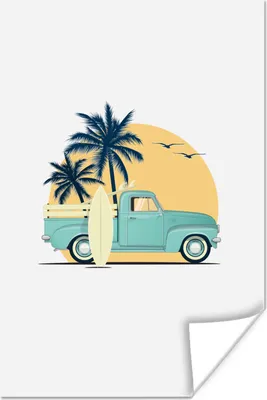Produktbild von MuchoWow® Poster Auto - Strand - Surfbrett - Zeichnung 80x120 cm - Papierdruck