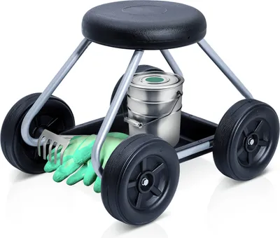 A garden stool on wheels with gardening tools and a bucket.