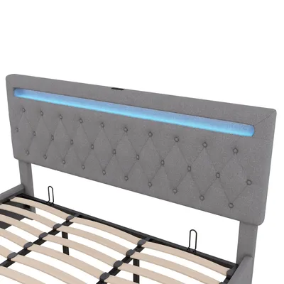 Image de Lit boxspring rembourré 180x200 avec éclairage d’ambiance LED et ports USB & Type-C,lit coffre hydraulique avec grand rangement (sans matelas)Gris