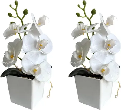 Productafbeelding van Kunstorchidee Set - Zijde Bloemen - Huis Decoratie - Realistisch Uiterlijk - 25 cm Hoog - Wit