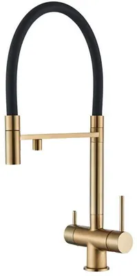 Produktbild von 3-Wege Küchenarmatur HighFlex mit Wasserfilter-Anschluss, herausziehbare Brause, 360° schwenkbar, getrennte Wasserwege, Keramikkartusche Gold