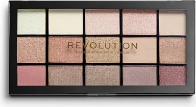 A top-down view of an open eyeshadow palette with 16 shades.