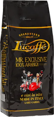 A black bag of coffee beans with branding and an illustration of people on a scooter.