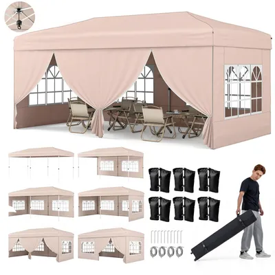 Produktbild von COSTWAY Pavillon 3x6m, Pop-up Faltpavillon Partyzelt mit Metallrahmen, 6 Seitenwänden, 6 Sandsäcke, Windseile, Erdspieße & Tragetasche auf Rollen
