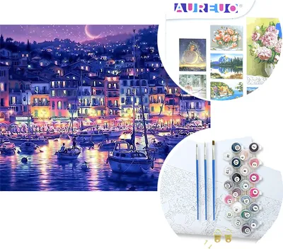Zdjęcie produktu dla Malowanie po numerach na ramie 40x50cm 6100-E64 jezioro, miasto nocą, żaglówka