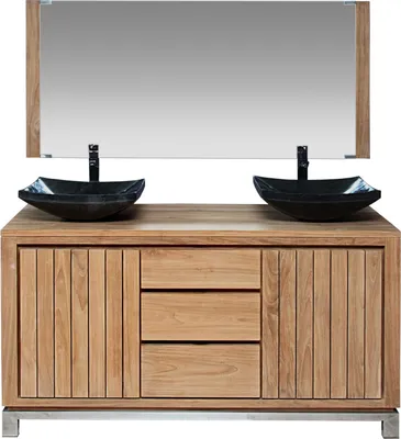 Image de Ensemble de meubles de salle de bain Teako Design Arboga en teck et acier inoxydable 120 cm avec miroir